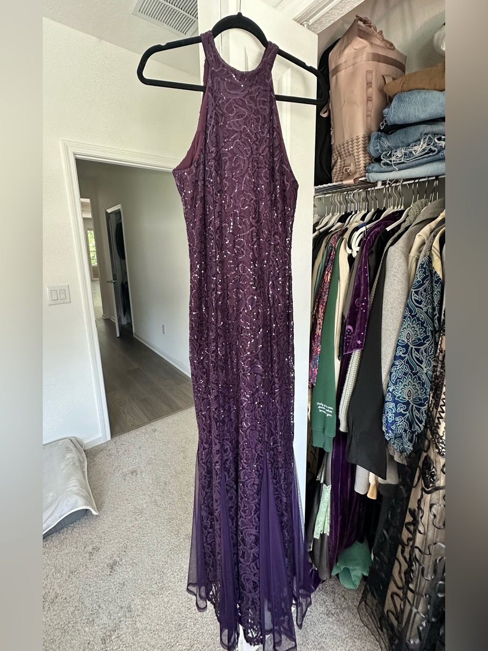 MARINA Plum Sequin Lace Halter Prom Gown